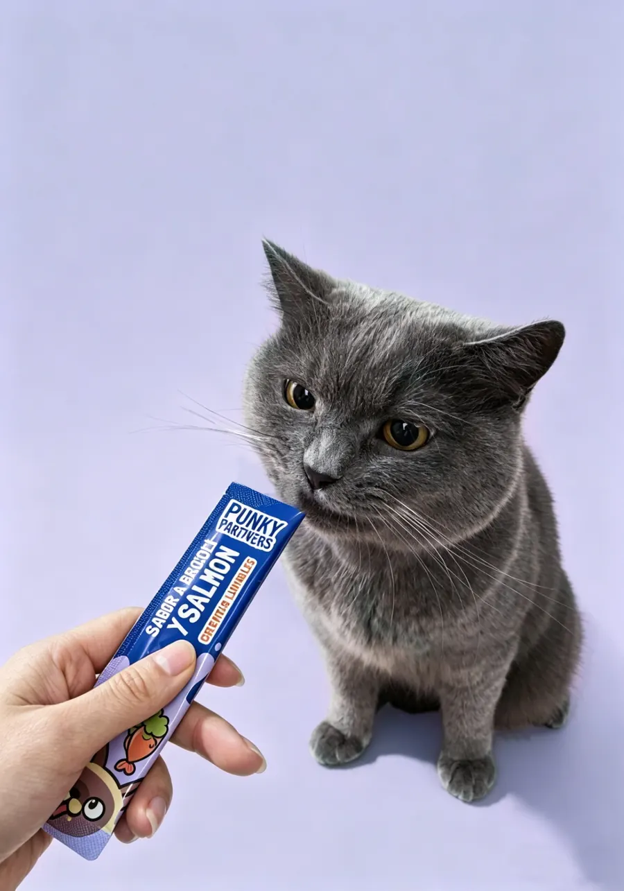 Gato gris olfateando un sobre de Lamichi de salmón