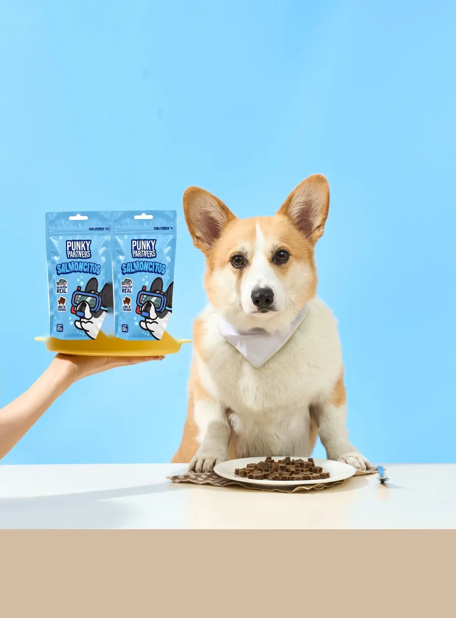 Dos empaques de Salmoncitos sobre una bandeja, junto a un corgi
