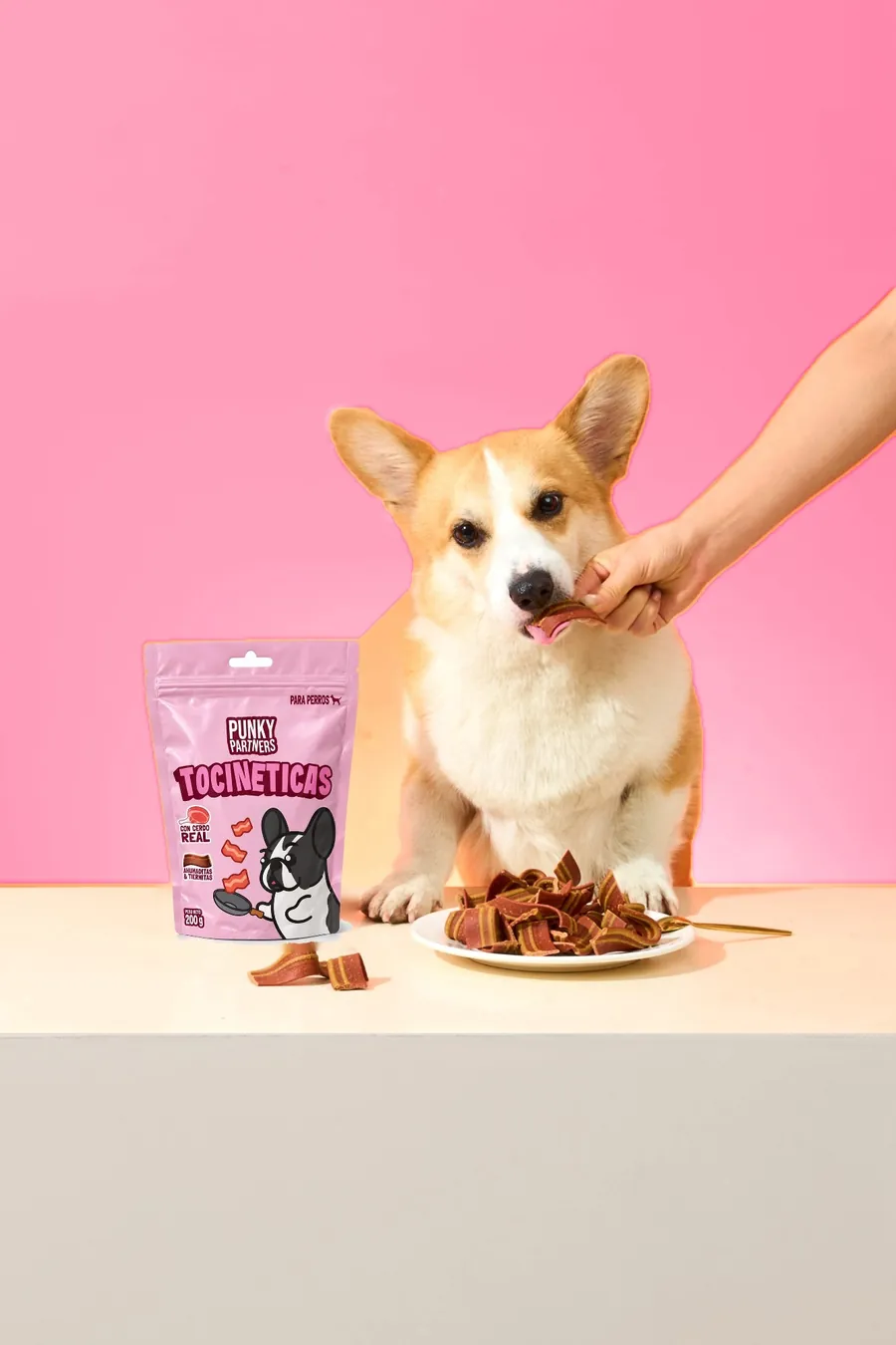 Un corgi junto al empaque de Tocineticas