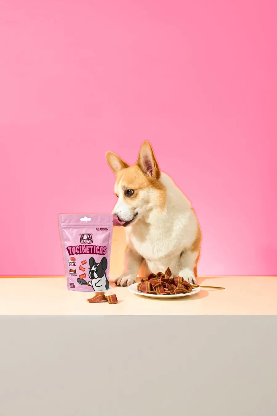 Un corgi se relame junto al empaque de Tocineticas